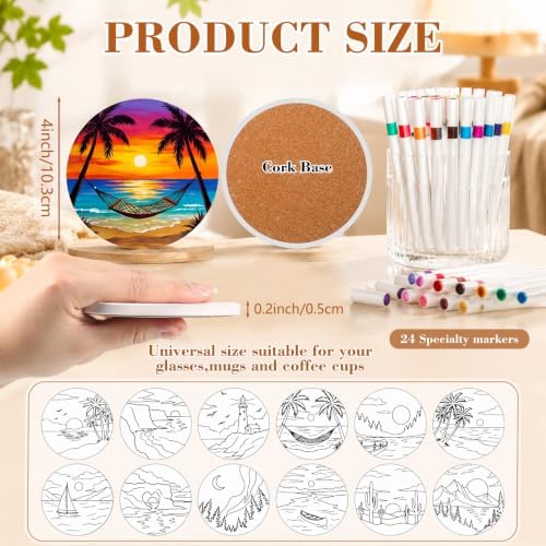 Potchen 12 Pcs Color Your Own Coaster DIY Kits,Artistic Landscape - Image 2