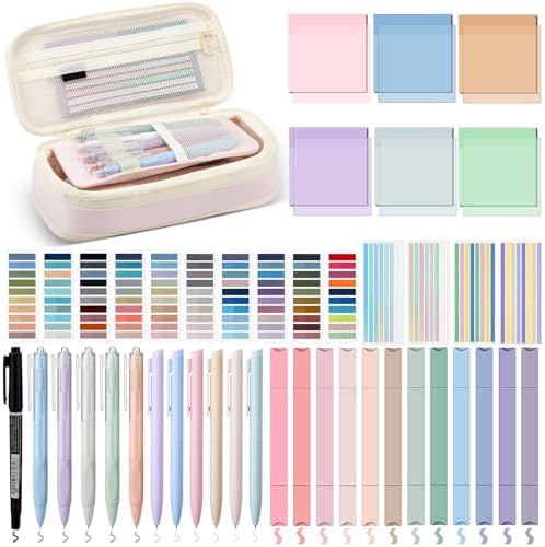 135 Pcs Book Annotation Kit with Pencil Case, 12 Pastel Highlighters, 11 Gel Pens, Fine Marker, 300 Transparent Sticky Notes, 2640 Index Tabs, Bible Study Supplies Kit(Classic,Pink) by Trandraft