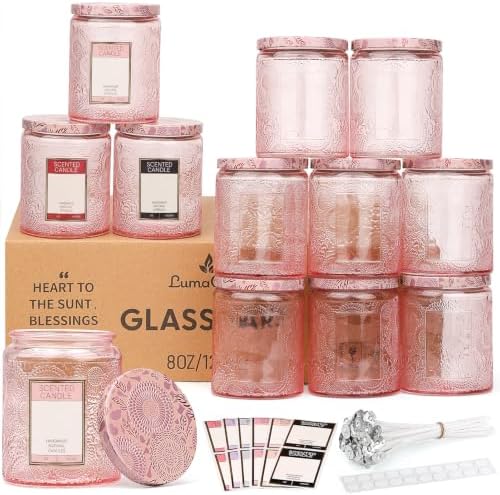 LumaCraft Luxury Embossed Glass Candle Jars for Making Candles - 12 Pack Empty Candle Containers with Lids, 20 Wicks & 20 Stickers, Colored Glass Jars for Gifts & Decor by Unknown