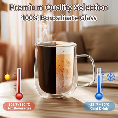 Double Walled Glass Coffee Mugs 12 oz, Glass Coffee Cups Set of 4 with Spoons, Clear Coffee Mug with Handles for Hot Beverages, Cappuccino, Latte, and Tea Bags. - Image 4