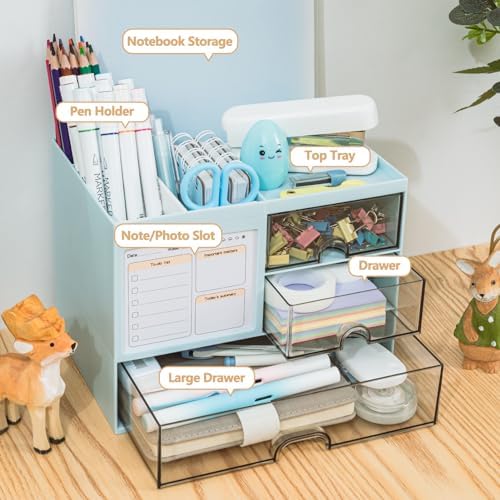 QIYVLOS Desk Organizer with 3 Drawer, Multi-Functional Pencil Pen Holder for Desk, Desk Organizers and Storage with 8 Compartments, Desktop Organizer for Office Home Art Supplies (Blue) - Image 2