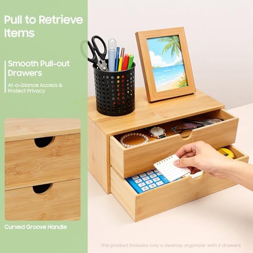 Gdrasuya10 Bamboo Desk Organizer, Drawer Tabletop Storage Organization Box for Office Home Toiletries Supplies, No Assembly Required (2 Drawer) - Image 5