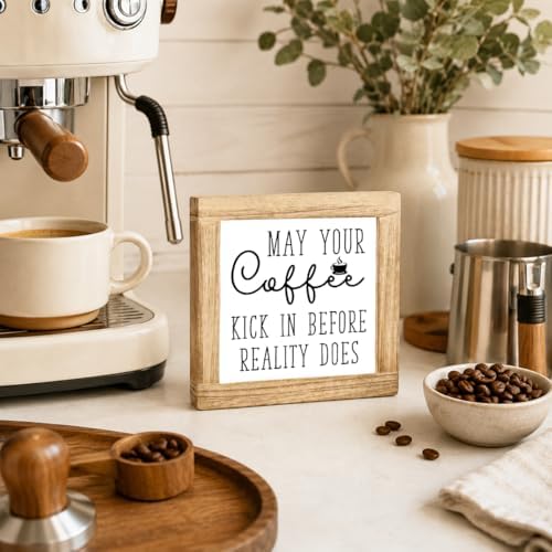 Morning Coffee Wooden Sign, May Your Coffee Kick In Before Reality Does Plaque, Funny Kitchen Counter Decor, Rustic Shelf Display For Office Desk Breakfast Bar, 5.9 x 5.9 in - Image 4