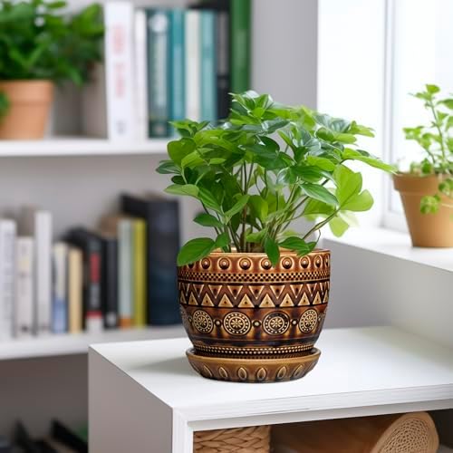 G EPGardening Ceramic Pot for Plants 5.5 Inch - Ceramic Plant Pot with Drainage Hole and Saucer, Boho Round Planter for Indoor Outdoor Plants, Plant Lover Gifts, Office Garden House Decor, Brown - Image 2