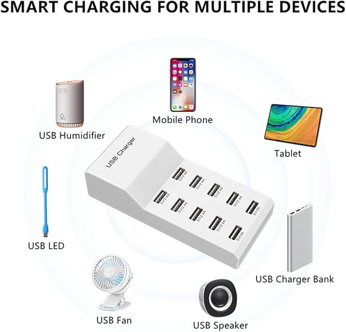 USB Wall Charger USB Charging Station for Multiple Devices Smart Charging Power Hub for Multiple Devices 10 Port Desktop Charger Charging Station Secure Block Compact for iPhone iPad Phone