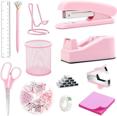 Pink Office Supplies, Pink Desk Accessories, Stapler, Staple Remover, Tape Holder, Pen Holder, Ballpoint Pen, Scissor, Binder Clips, 1000pcs Staples, Phone Holder, Ruler, Transparent Glue and Notes by Famassi