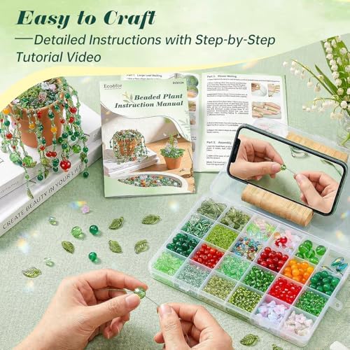 Ecoofor Green Beads Beaded Plant Kit DIY Plant Kit, Green Glass & Crystal Leaf Beads, Video Tutorials, Desk Gifts, Handmade Gifts for Plant Lovers - Image 2