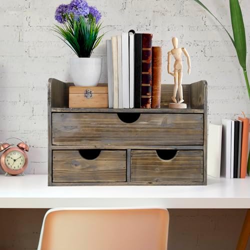 Besti Wooden Office Desk Organizer - Organizing Tool for Desktop, Cubicle, Bedroom, Kitchen - Vintage Style Organization Caddy with Top Tray Shelf & 3 Drawers - 13.6x9x7 Inches (Rustic) - Image 2