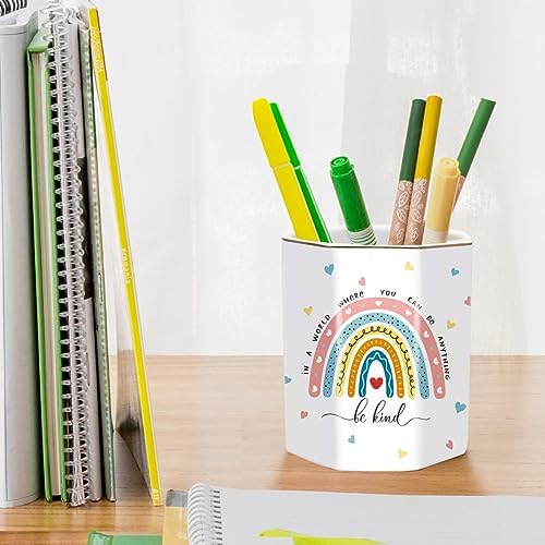 Pen Holder for Desk, Cute Ceramic Pencil Holder, Pen Cup Marker Holder Makeup Brush Holders, Desk Accessories & Workspace Organizers for Office, Home, Rainbow Pattern - Image 4