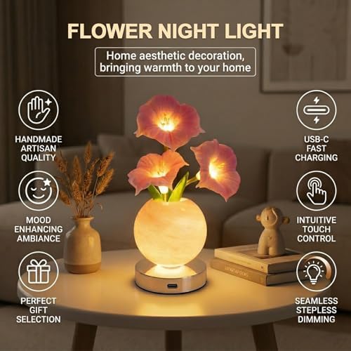 Flower Table Lamp, Rechargeable Cordless Touch Dimming Artificial Morning Glory Flower Desk Lamp, LED Flower Bedside Night Light Romantic Gifts for Girl Women Mom (Pink Morning Glory) - Image 4