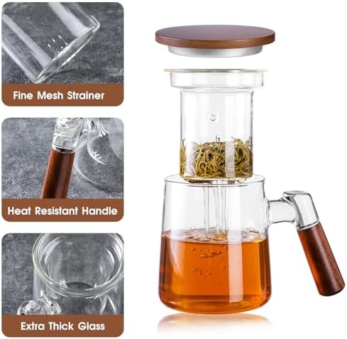 Glass Tea Cup with Infuser and Lid 18.6oz/550m, Tea Infuser Mug for Loose Leaf Tea, Heat Resistant Tea Mug with Wooden Handle Gift for Family - Image 2