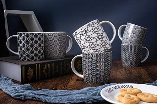 Set of 6 11.5 oz Coffee Mugs with Black and White Geometric Patterns, Ceramic Tea Cup Set - Image 3