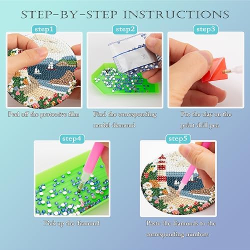 Clendo 8 Pcs Beach and Lighthouse Diamond Art Coasters Kits with Holder, Coast Diamond Painting Coasters Kits for Adults, DIY 5D Small Mini Diamonds Dots Kit Full Drill Art Craft Supplies 4X4 Inch - Image 4