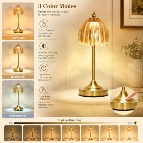 Glass Tulip Table Lamp, Cordless Rechargeable Desk Lamp - Amber - Image 3