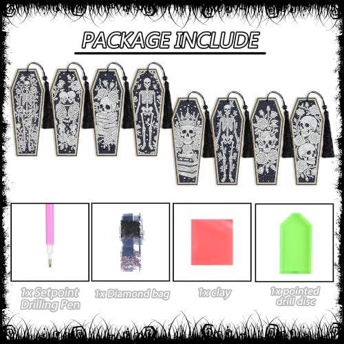 Black & White Gothic Diamond Art Bookmark, 8 Pcs DIY 5D Kits with Tassels - Image 2