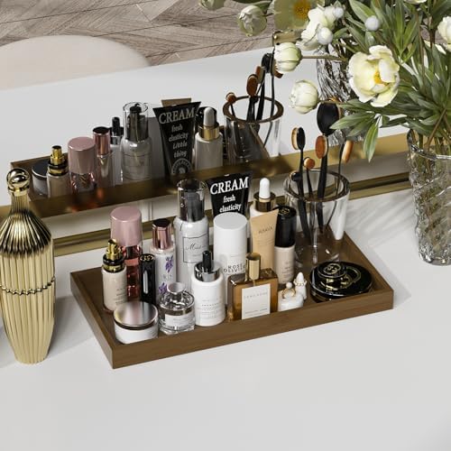 ZHWS Bathroom Vanity Tray for Countertop Perfume Makeup Jewelry Candle Decor, Kitchen Tray for Soap Dispenser Spice Salt, Large Tray for Toilet Tank Paper, Serving Nightstand Brown 13”x6.5” - Image 3
