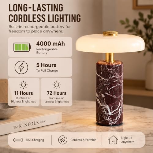 Cordless Marble Table Lamp with Glass Shade,Touch Dimmable Stone Lamp - Image 4