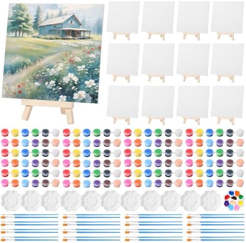 Qilery 12 Set Mini Canvas Painting Kit with Easel Paints, 8 x 8 Inch by Qilery