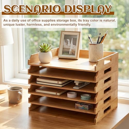 AceOrbit 6 Pcs Stackable Paper Tray Bamboo Wood Desk Organizer Letter Tray - Image 4