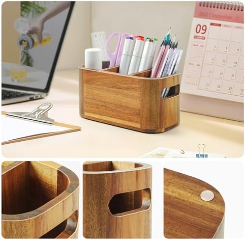 Acacia Pencil Pen Holder for Desk, Wooden Office Organizer with 3 Slots for Countertop, Makeup Brush Holder Remote Control Organizer for School Home Supplies - Image 3