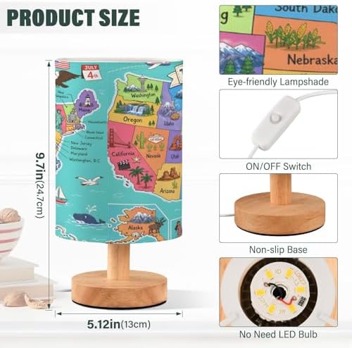 ALAZA Bedside Table Lamp United States Map Lamp for Girls Boys Bedroom with USB Port LED Kids Nightstand Lamp Wood Base Desk Living Room Decor - Image 3