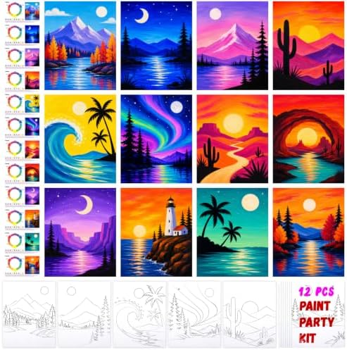 12PCS 8x10IN Pre Drawn Canvas to Paint for Adults Landscape Paint Party by PAILIM