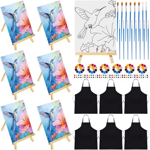 Motipuns 6 Set Pre Drawn Canvas for Painting for Adults Sip and Paint Kit with Easels 8 x 10 Inches Paint Party Kit with Printed Canvas Paints Brushes Palette Apron(Hummingbird) by Motipuns