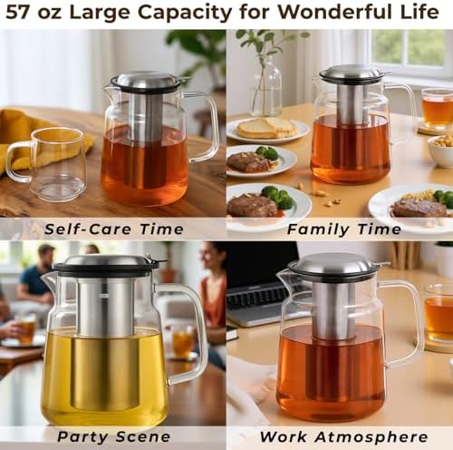 Aquach 57oz Glass Tea Pot with Infuser, Stovetop Safe Borosilicate Teapot - Image 4