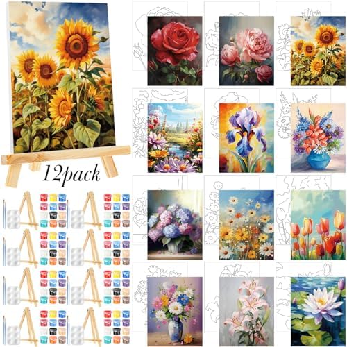 Zhanmai 72 Pcs 12 Sets Sip and Paint Kit Pre Drawn Canvas for Painting 8" x 10" Paint Party Canvas Painting Pre Printed Canvases for Party Favor DIY Virtual Adult's Date Night(Plant) by Zhanmai