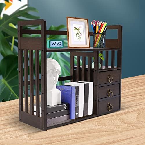 Bamboo Bookshelf Desktop Organizer,Large Capacity Wood Desk Rack,Book Storage Shelves w/3 Drawers for Office Supplies,Home Decor,Bedroom,Dormitories (Walnut) - Image 2