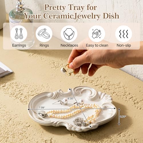LYEOBOH Jewelry Tray, Ceramic Trinket Dish, Jewelry Dish for Rings Earrings Decorative Trinket Tray, Key Bowl, Retro, Vintage, Friendship Gifts for Mom Sister Birthday Christmas Housewarming, Beige - Image 2