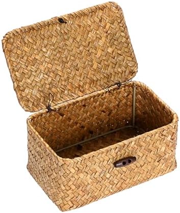 Hipiwe Small Seagrass Wicker Box with Lid Decorative Shelf Basket Bin by Hipiwe