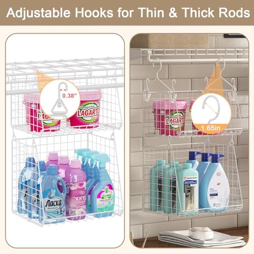 4-Tier Hanging Laundry Room Organizer: Foldable Wire Shelf Basket with 2 Large Hooks 1.65" & 360°Rotating Hooks – Space-Saving Laundry Storage Basket, for Wardrobe Closet Storage, White Patent - Image 2