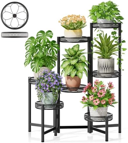 Plant Stand Indoor Outdoor, 7 Tier Large Plant Stand with 7.9-Inch Wide Drainage Tray, Tiered Corner Metal Iron Flower Display Holder Shelf, Folding Tall Rack for Patio Balcony Porch - BlackFlower by Unknown