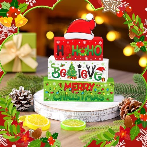Moucuny 3 Pcs Christmas Wooden Stacking Blocks Farmhouse Table Decor - Image 6
