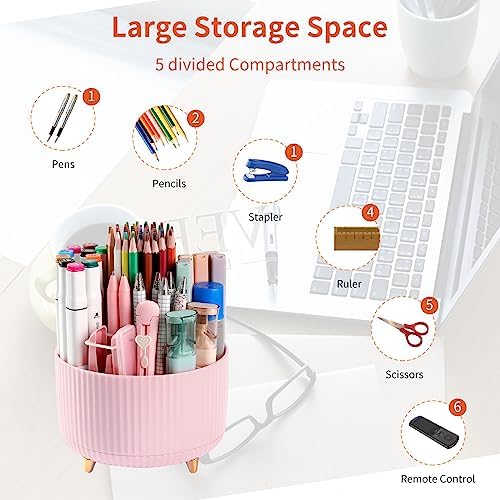 Desk Pencil Pen Holder, 5 Slots 360°Degree Rotating Organizers for Desk, Desktop Storage Stationery Supplies Organizer, Cute Cup Pot Office, School, Home, Art Supply, Pink - Image 3