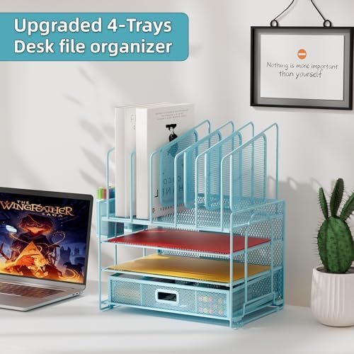 Marbrasse Desk Organizers, 4-Tier Mesh Desk File Organizer with 5 Vertical File Holders and 2 Pen Holders, Multifunction Desktop Organizer,Desk Organizers and Accessories for Home Office (Blue) - Image 3