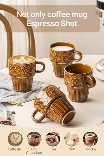 Espresso Cups Set of 6, Cappuccino Cups, Stackable Mug 6 OZ Ceramic Coffee Mug, Microwave & Dishwasher Safe, Tea Cocoa for Family Daily Use & Gathering, Great Gift for Any Special Occasion, Brown - Image 5