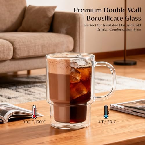 INSETLAN 16oz Double Wall Glass Coffee Mugs Set of 2, Insulated Borosilicate Cups with Handles, Clear Heat Resistant Glasses Mugs for Hot Beverages, Cappuccino, Espresso, Latte, Tea - Image 4