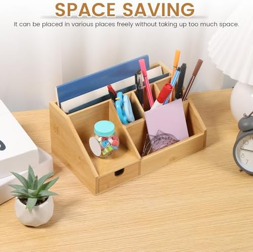 Bamboo Caddy Desk Organizer and Storage with Drawer and Compartment, Storage Shelf Rack Book Shelf for Home Office - Image 5