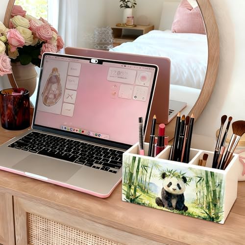 Panda Pen Pencil Holder for Desk Accessories, Cute Panda Gifts for Women & Kids, Wild Animal Wooden Box Sign Decorations for Kids Room Home Office Desk Tabletop - Image 5