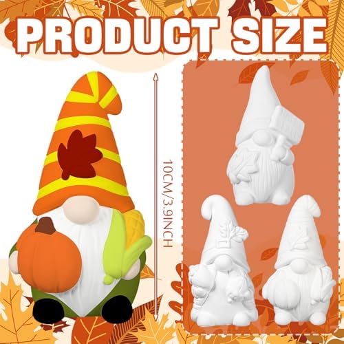 Youyole 3 Pack Fall Ready to Paint Your Own Gnome Statues, 4 Mini Blank Ceramics Unpainted Gnome Figurines Craft DIY Art with Brush Palette Paint for Adults - Image 2