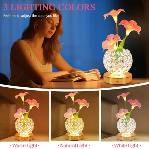 Flower Table Lamps, Rechargeable Cordless Desk Lamp, 3 Colors Dimmable Artificial Flowers Night Light, Morning Glory with Crystal Vase for Home Date Party Decoration (Morning Glory-Pink) - Image 4