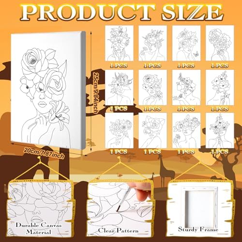 Motipuns 12 Set Flower Crown Lady Pre Drawn Canvas for Paint for Adults - Image 2