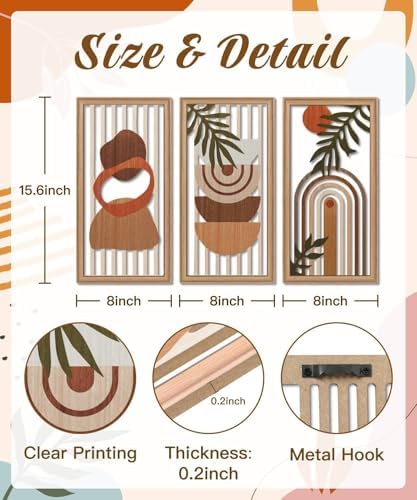 Putuo Decor Boho Wall Art Set of 3, Modern Minimalist Wooden Wall Decor, Abstract Aesthetic Room Decorations, Mid-Century Modern Artwork for Living Room, Bedroom, Office Orange 16.5 x 8.6 inch - Image 2