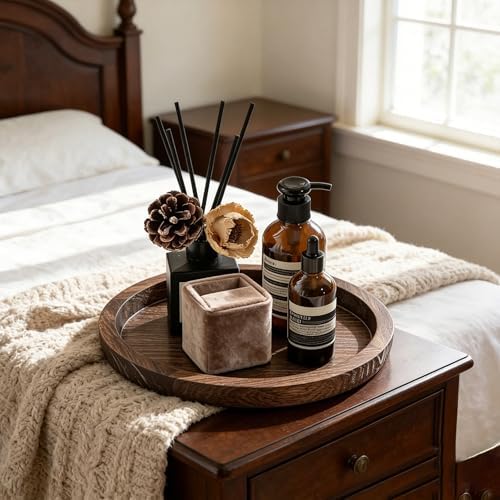 11 Inches Round Wooden Tray Decor, Brown Decorative Trays - Image 3