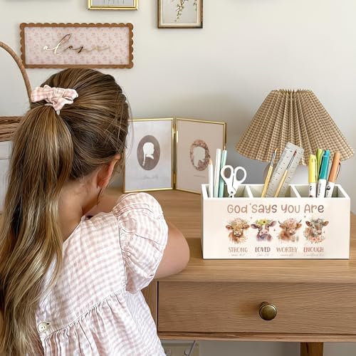 Highland Cow Christian Pen Pencil Holder for Desk, Christian Gifts for Women, God Says You Are Bible Verse Western Highland Cow Wooden Box Sign Decorations for Home Office Desk Tabletop - Image 4