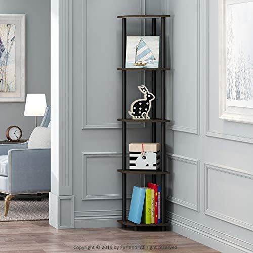 Furinno TURN-N-TUBE Corner Shelf, 5-Tier Corner Bookshelf, Open Storage Shelves, for Organization and Storage, Living Room, Home Office, Garage, Bedroom, Dark Brown Grain - Image 2