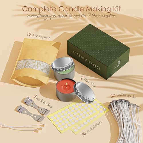 Hearth & Harbor Soy Wax for Candle Making - Natural Soy Wax Flakes, 12.4 oz Bag, 2 Candle Tins, 50 Cotton Wicks, 2 Centering Devices - Image 2