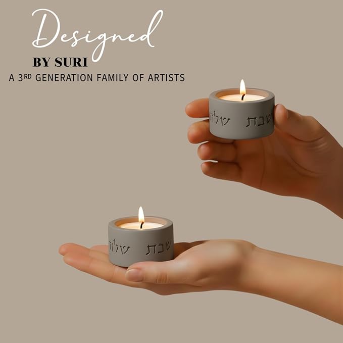SURI Shabbat Candle Holders Set – Modern Judaica Shabbat Candlesticks for Tea Lights – Concrete Shabbos Candles Holders, Dripless Design – Jewish Gift & Home Decor